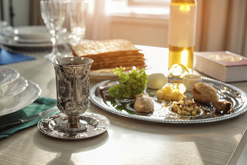 Table served for Passover (Pesach) Seder indoors