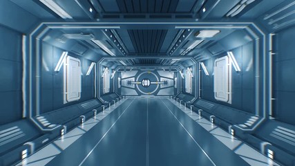 Wall Mural - Beautiful Flight Out from the Abstract Futuristic Spaceship Tunnel Through Opening Metal Gates to White Light with Alpha Matte. 3d Animation. 4k Ultra HD 3840x2160