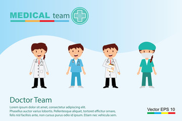  The  professional medical team for health life concept with logo, little doctor boy, girl in gown suit and cartoon act  - vector illustration Eps 10.