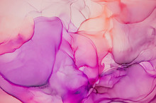 Alcohol Ink Wash Texture On White Paper Background. Liquid Paint Flow. Transparent Ethereal Effect. Closeup Of The Painting. Highly-textured Colorful Abstract Painting Background.