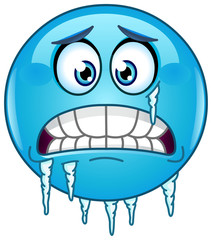 Blue cold freezing face emoticon with icicles clinging to its jaw and cheek