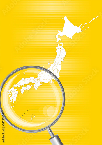 日本地図 黄色 虫眼鏡と近畿 四国 中国地方 九州地方地図 日本