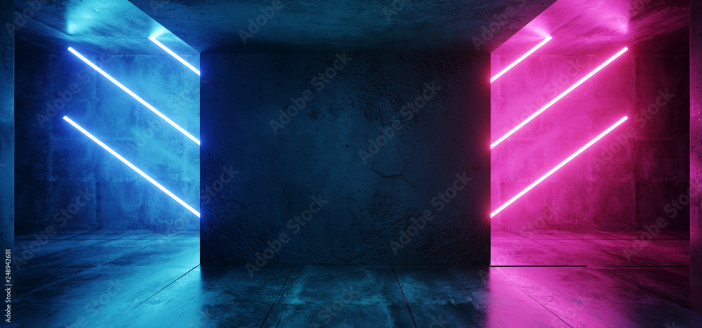 Sci Fi Neon Cyber Futuristic Modern Retro Alien Dance Club Glowing Purple Pink Blue Lights In Dark Empty Grunge Concrete Reflective Room Corridor Background 3D Rendering - obrazy, fototapety, plakaty 