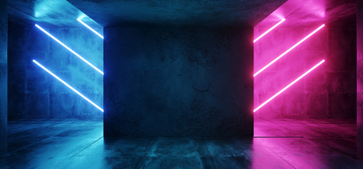 Sci Fi Neon Cyber Futuristic Modern Retro Alien Dance Club Glowing Purple Pink Blue Lights In Dark Empty Grunge Concrete Reflective Room Corridor Background 3D Rendering