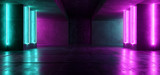 Fototapeta Do przedpokoju - Sci Fi Neon Cyber Futuristic Modern Retro Alien Dance Club Glowing Purple Pink Blue Lights In Dark Empty Grunge Concrete Reflective Room Corridor Background 3D Rendering
