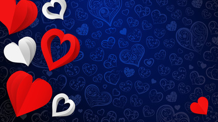 Wall Mural - Background with paper volume hearts, white and red on blue