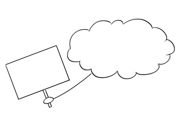 Sticker - Cartoon stick figure conceptual drawing of cloud from sky holding empty sign as message or proclamation for mankind of god or creator. It is ready for your text.