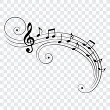 Music Notes On Staves With Swirls, Isolated, Vector Illustration.
