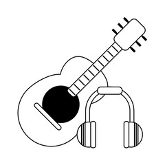 Sticker - Acoustic guitar and music headphones in black and white