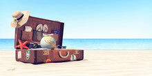 Getting Ready For Summer Holidays - Leather Suitcase With Travel Accessories 3D Rendering