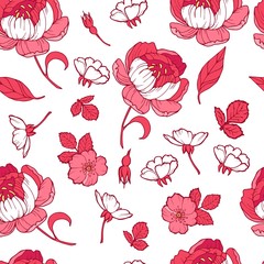 Floral seamless pattern garden flowers peonies. Vector. Design for fabrics, textiles, wallpaper, paper. Victorian style