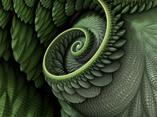 3D Illustration - Spiral Shape In Green Colors, Recursive Fractal/fantasy Computer Generated Artwork. Fantasy World, Infinite Vortex Repeating Geometric Spiral Pattern, Vortex, Super Spiral.