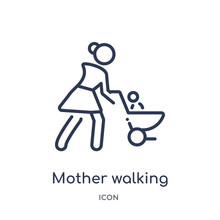 Mother Walking With Baby Stroller Icon From People Outline Collection. Thin Line Mother Walking With Baby Stroller Icon Isolated On White Background.