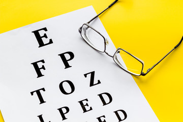 Canvas Print - Eye examination. Eyesight test chart and glasses on yellow background