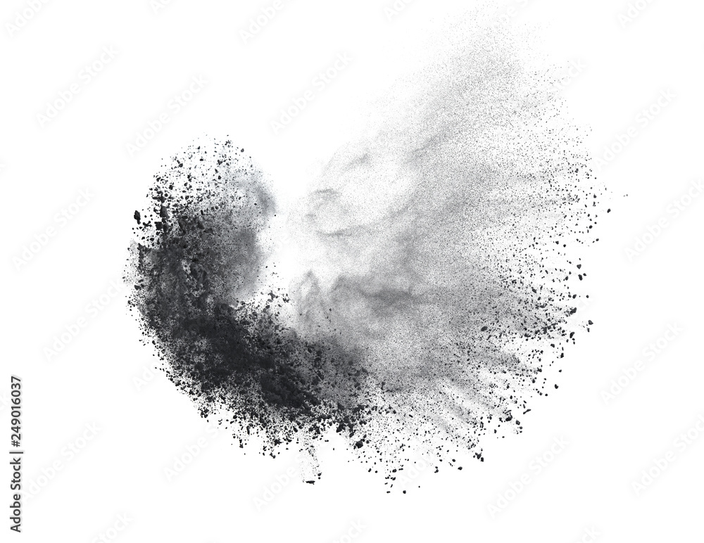 Black powder or flour explosion isolated on white background freeze ...