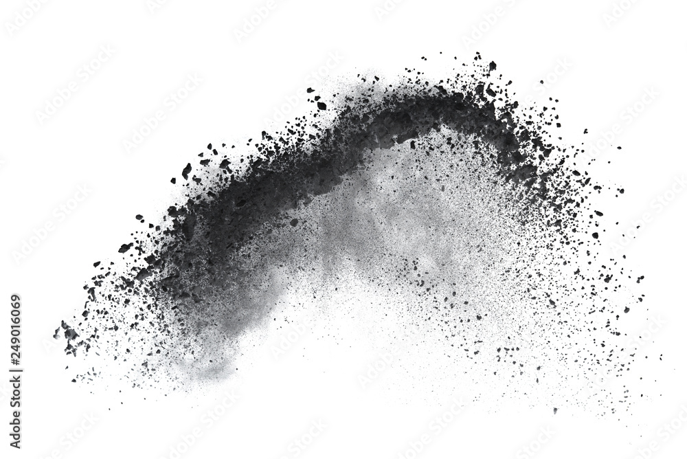 Black powder or flour explosion isolated on white background  freeze stop motion object design - obrazy, fototapety, plakaty 