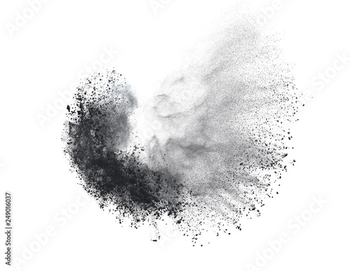Fotografía Black powder or flour explosion isolated on white background freeze stop motion