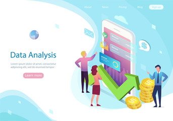Data analysis concept with characters. Engine strategy, analyzing, infographic of workplace for developers, workspace for creative optimization. Template for web banner, flat isometric illustration