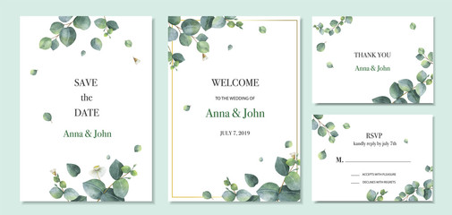 watercolor vector set wedding invitation card template design with green eucalyptus leaves.