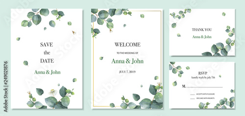 Cuadros en Lienzo Watercolor vector set wedding invitation card template design with green eucalyptus leaves