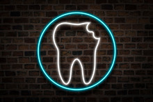 Damaged Tooth, Neon Sign On The Background Of The Fire Wall. The Concept Of Dental Clinic, First Aid