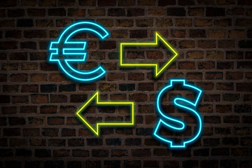 Neon sign with dollar and euro signs on brick wall background. Currency exchange concept