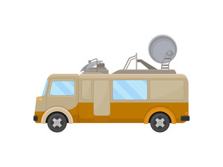 Canvas Print - Flat vector icon of media van. Car with satellite dish antenna on roof. Television broadcasting truck