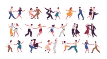Bundle Of Pairs Of Dancers Isolated On White Background. Set Of Men And Women Dancing Lindy Hop Or Swing. Male And Female Cartoon Characters Performing Dance At School Or Party. Vector Illustration.
