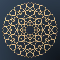 Wall Mural - Laser cutting mandala. Golden floral pattern with hearts. Oriental silhouette ornament. Vector coaster design.