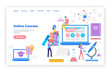 © robu_s - Online courses people learning subjects in internet vector. Students with certificate, busy reading and reviewing material for exams. Microscope and book. Website webpage template landing page in flat