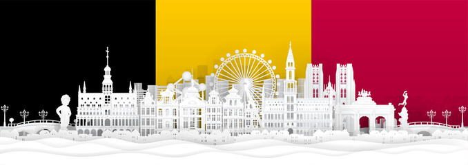 Wall Mural - Belgium flag and famous landmarks in paper cut style vector illustration. 