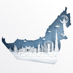 Fototapete - Dubai map concept with famous landmark for travel postcard and poster, brochure, advertising in paper cut style vector illustration.