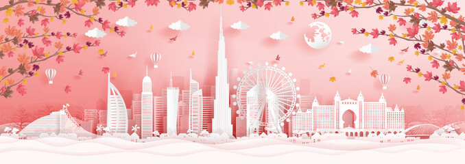 Fototapete - Autumn in Dubai with falling maple leaves and world famous landmarks in paper cut style vector illustration