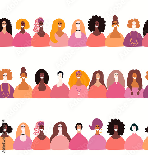 Set of hand drawn seamless borders with diverse women. Vector illustration. F...