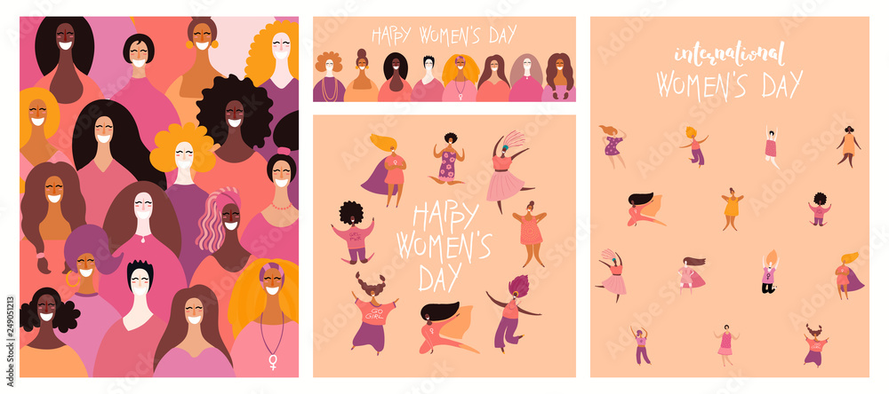 Set of womens day cards with diverse women and lettering quotes. Hand ...
