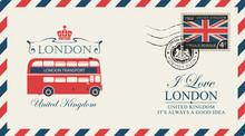 Vector Postcard Or Envelope With The London Double Decker And Inscriptions. Retro Postcard With Postmark In Form Of Royal Coat Of Arms And Postage Stamp With Flag Of United Kingdom