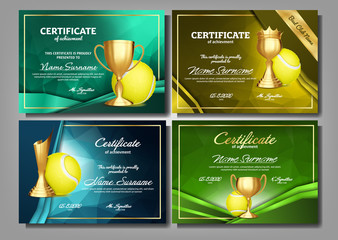 Wall Mural - Tennis Game Certificate Diploma With Golden Cup Set Vector. Sport Award Template. Achievement Design. Honor Background. Elegant Document. Champion. Best Prize. Winner Trophy. Template Illustration