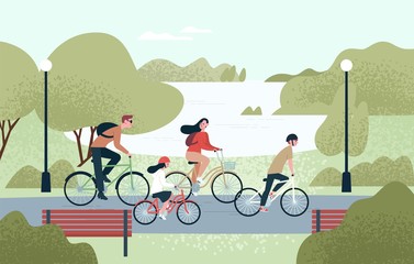 Sticker - Happy family riding bicycles. Joyful mother, father, daughter and son on bikes at park. Parents and kids cycling together. Recreational outdoor activity. Vector illustration in flat cartoon style.