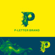 P letter is an aqua logo. Liquid volumetric letter with droplets and sprays for the corporate style of the company or brand on the letter P Juicy, watery style.
