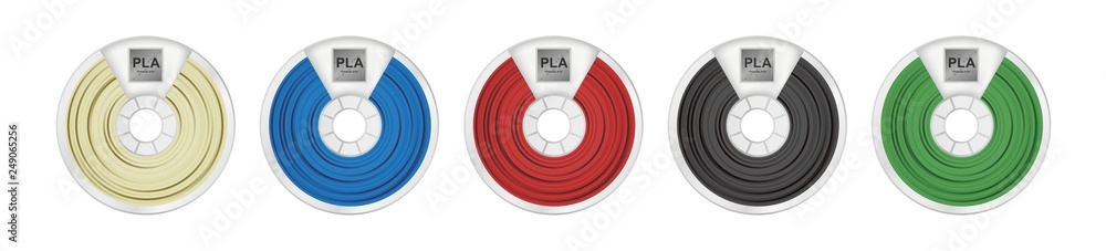 Vector set of five pla filaments for 3D printing wounded on the spool with a name PLA. Plastic material pla in several color variants – natural white, blue, red, black and green isolated on white. - obrazy, fototapety, plakaty 