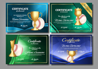 Sticker - Baseball Game Certificate Diploma With Golden Cup Set Vector. Sport Award Template. Achievement Design. Honor Background. Elegant Document. Champion. Best Prize. Winner Trophy. Template Illustration