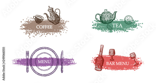 Titles for menu sections. Set of dot color drawing. Labels for the menu. Cutl...
