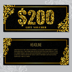 Wall Mural - Gift voucher template 200 USD. The inscription created from a floral ornament. Golden Letters on a black background with floral pattern. VIP design.