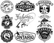 © PrintingSociety - Great lake Canada fly fishing club vintage vector labels collection in black and white