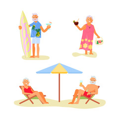 Wall Mural -  Elderly people characters relaxes on a sea beach
