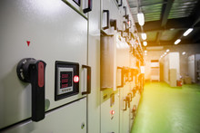 Electrical Switch Gear At Low Voltage Motor Control Center Cabinet  In Coal Power Plant. Blurred For Background.