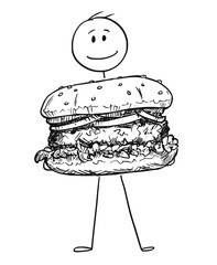 Sticker - Cartoon stick figure drawing conceptual illustration of smiling man holding big burger or hamburger.