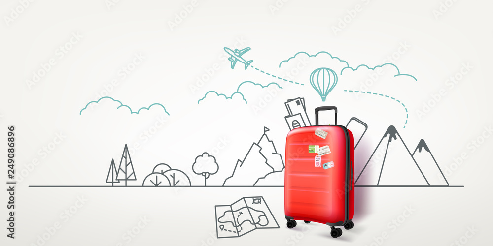 Photoreal red suitcase with cityscape background. World travel vector concept - obrazy, fototapety, plakaty 