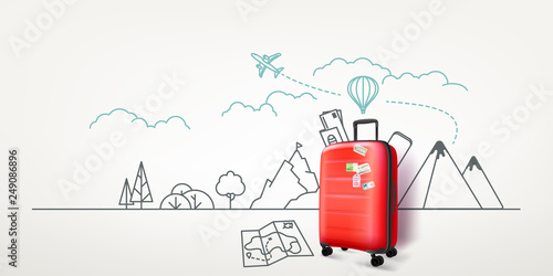 Cuadros en Lienzo Photoreal red suitcase with cityscape background
