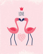 Cute vector greeting card template with coral and blush pink flamingos and geometric love heart. Text reads Love You, for Valentines Day, Wedding, Engagement, poster, menu, invitation.